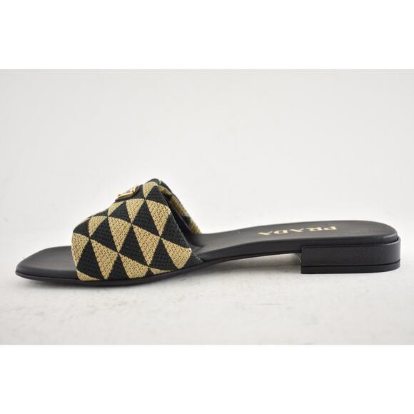 Prada Jacquard Triangle Logo Black Beige Tan Leather Slide Sandal Flat Mule 37.5 - Picture 15 of 16